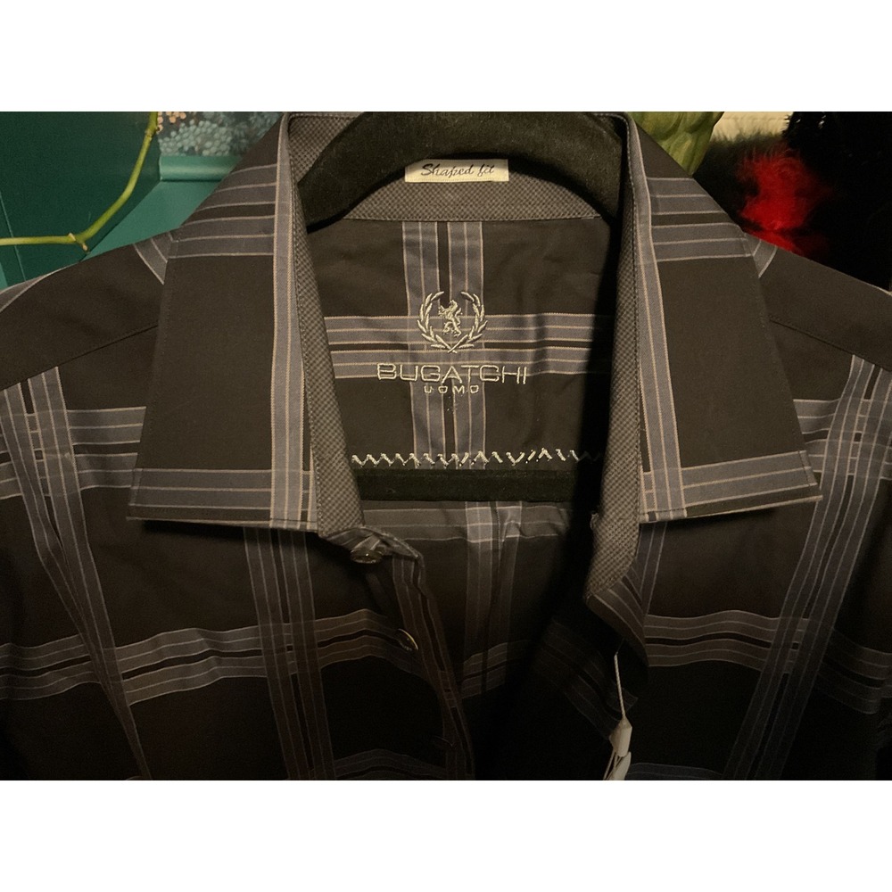 Bugatchi Uomo Mens Shaped Fit Plaid Button Down Shirt Black Grey Long Sleeve NWT